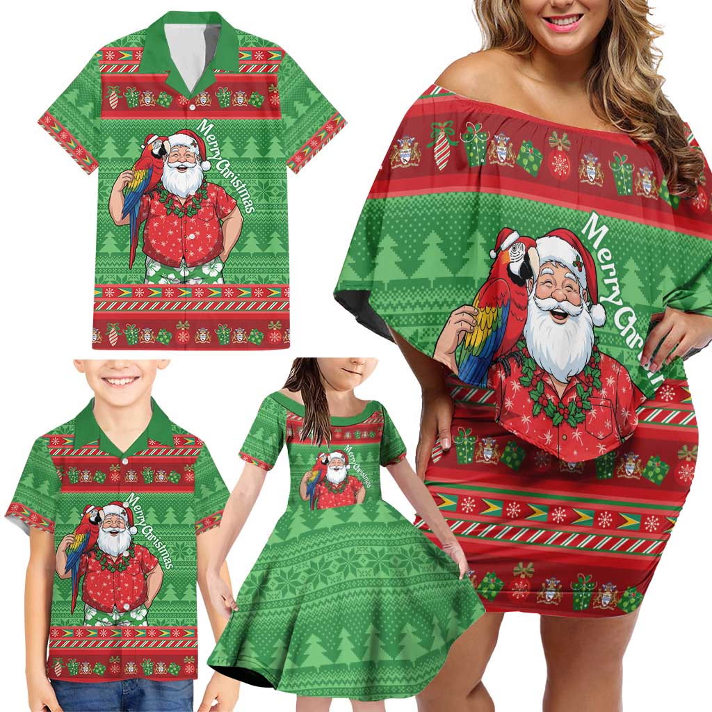 Guyana Christmas Family Matching Off Shoulder Short Dress and Hawaiian Shirt Santa With Macaw Parrot Merry Xmas - Wonder Print Shop
