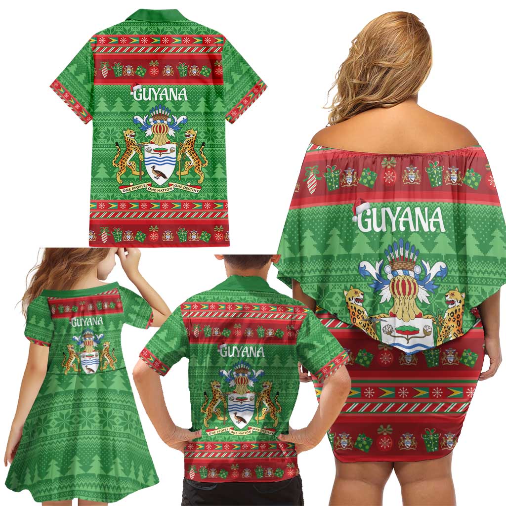 Guyana Christmas Family Matching Off Shoulder Short Dress and Hawaiian Shirt Santa With Macaw Parrot Merry Xmas - Wonder Print Shop