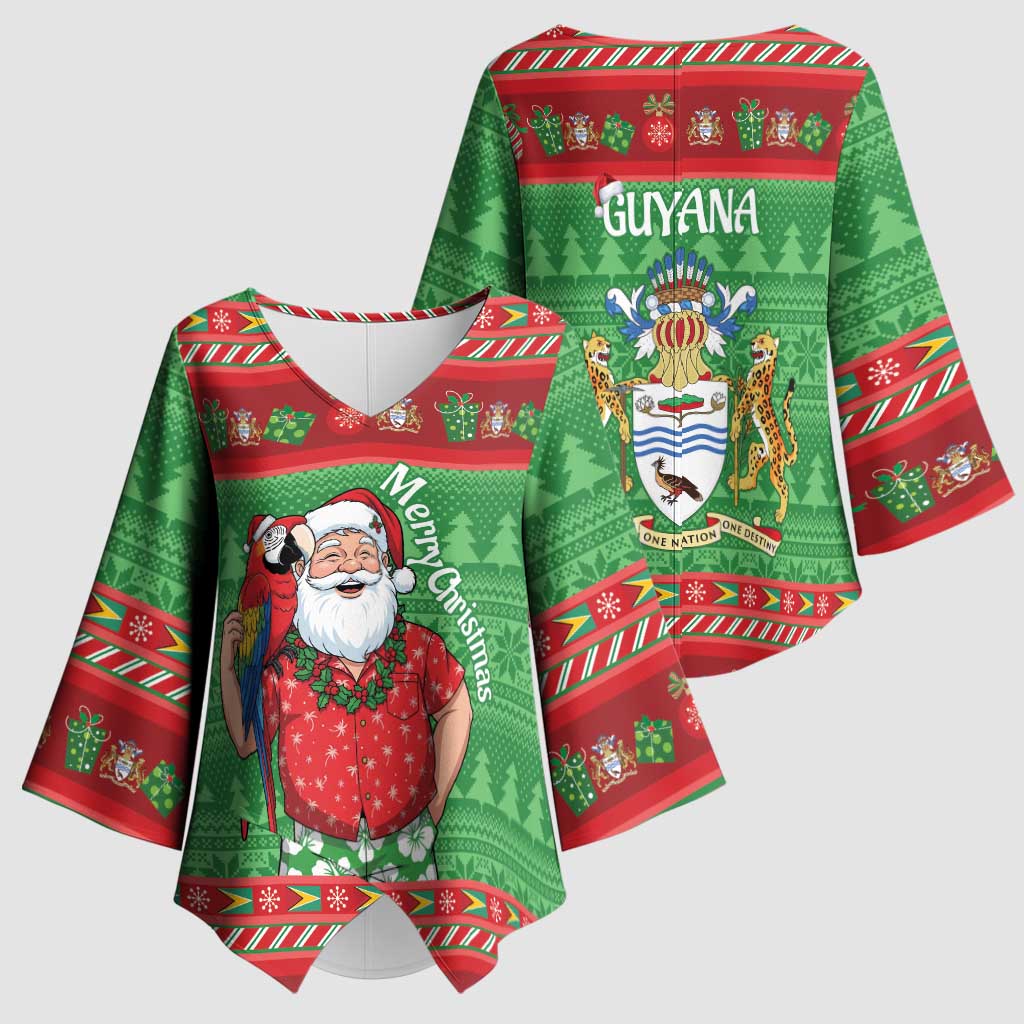 Guyana Christmas Kimono Sleeve Blouse Santa With Macaw Parrot Merry Xmas - Wonder Print Shop