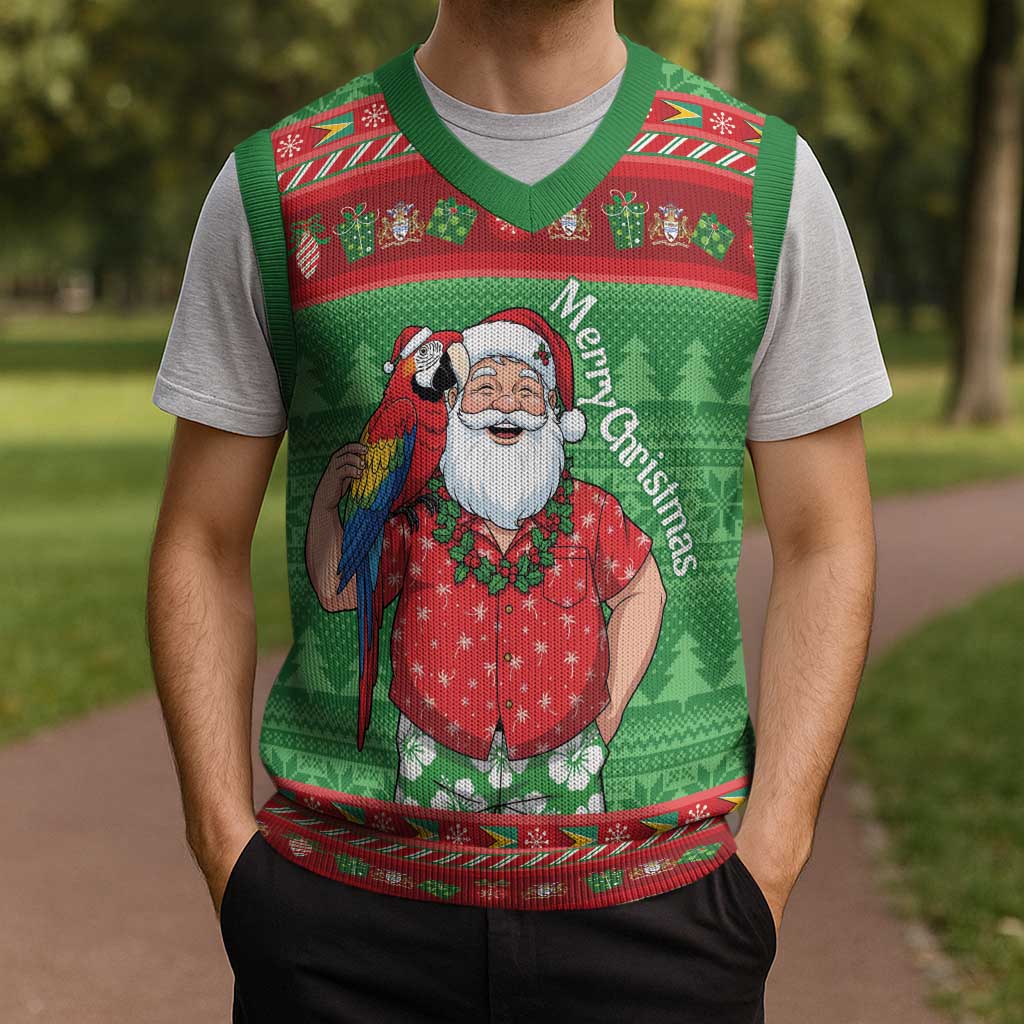 Guyana Christmas Knitted V-Neck Vest Santa With Macaw Parrot Merry Xmas - Wonder Print Shop