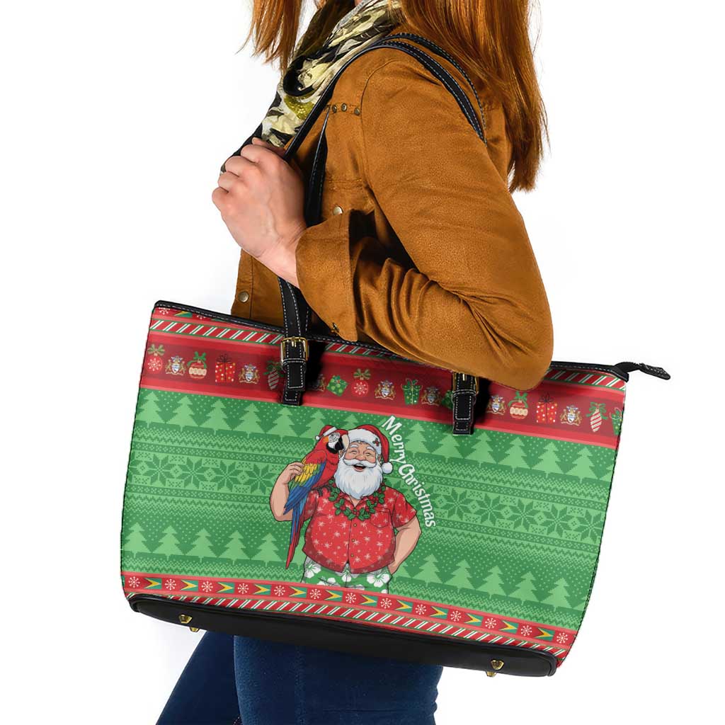 Guyana Christmas Leather Tote Bag Santa With Macaw Parrot Merry Xmas - Wonder Print Shop