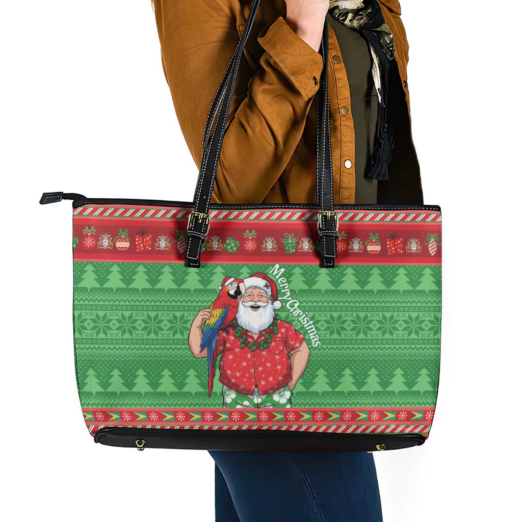Guyana Christmas Leather Tote Bag Santa With Macaw Parrot Merry Xmas - Wonder Print Shop