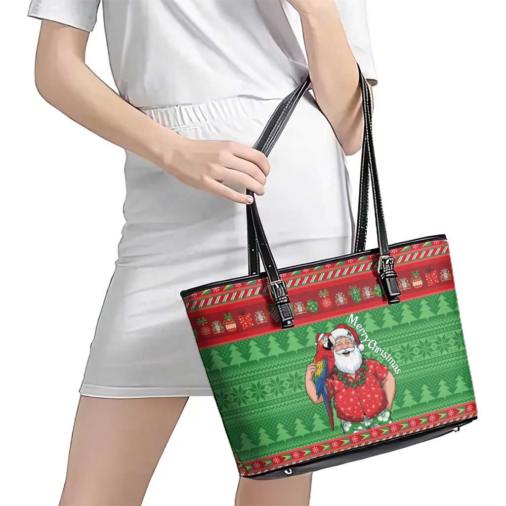 Guyana Christmas Leather Tote Bag Santa With Macaw Parrot Merry Xmas - Wonder Print Shop