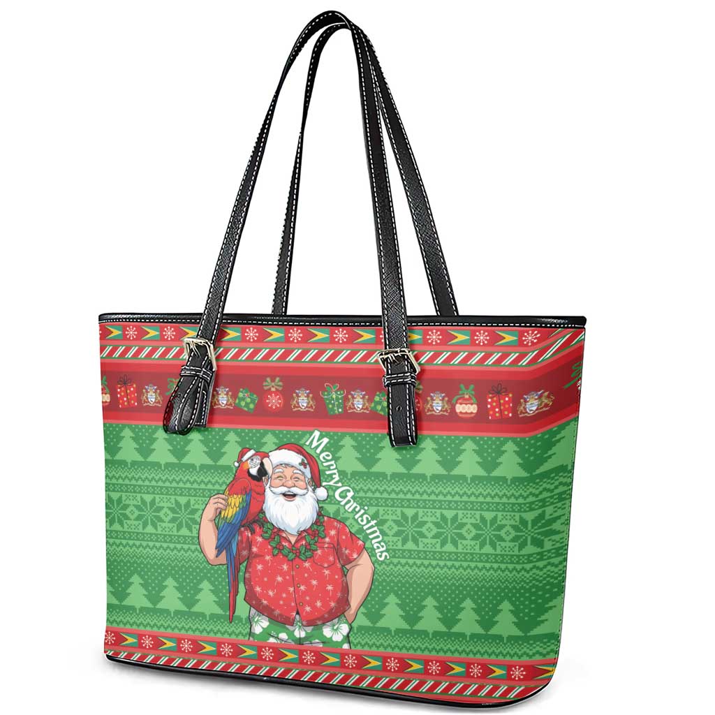 Guyana Christmas Leather Tote Bag Santa With Macaw Parrot Merry Xmas - Wonder Print Shop