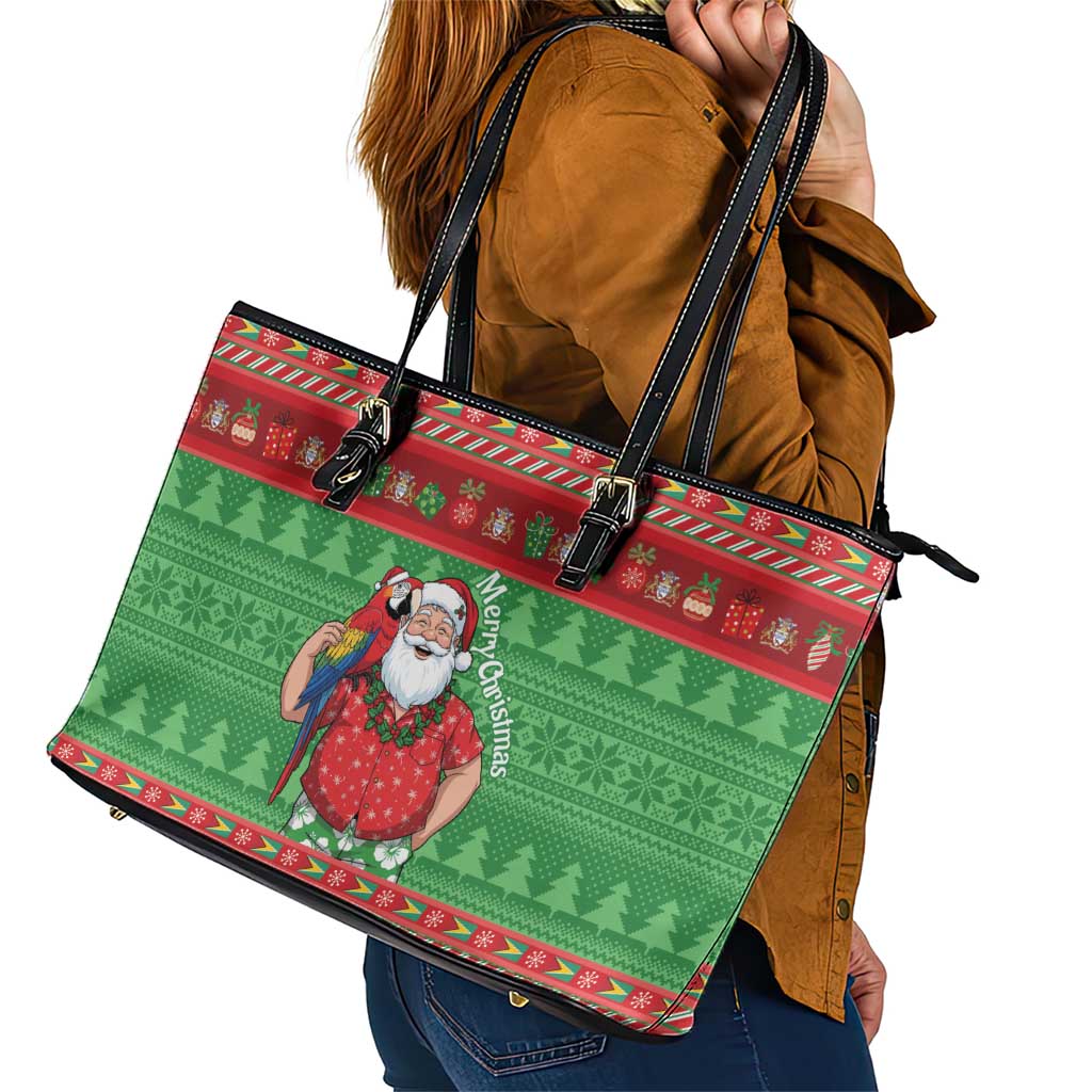 Guyana Christmas Leather Tote Bag Santa With Macaw Parrot Merry Xmas - Wonder Print Shop
