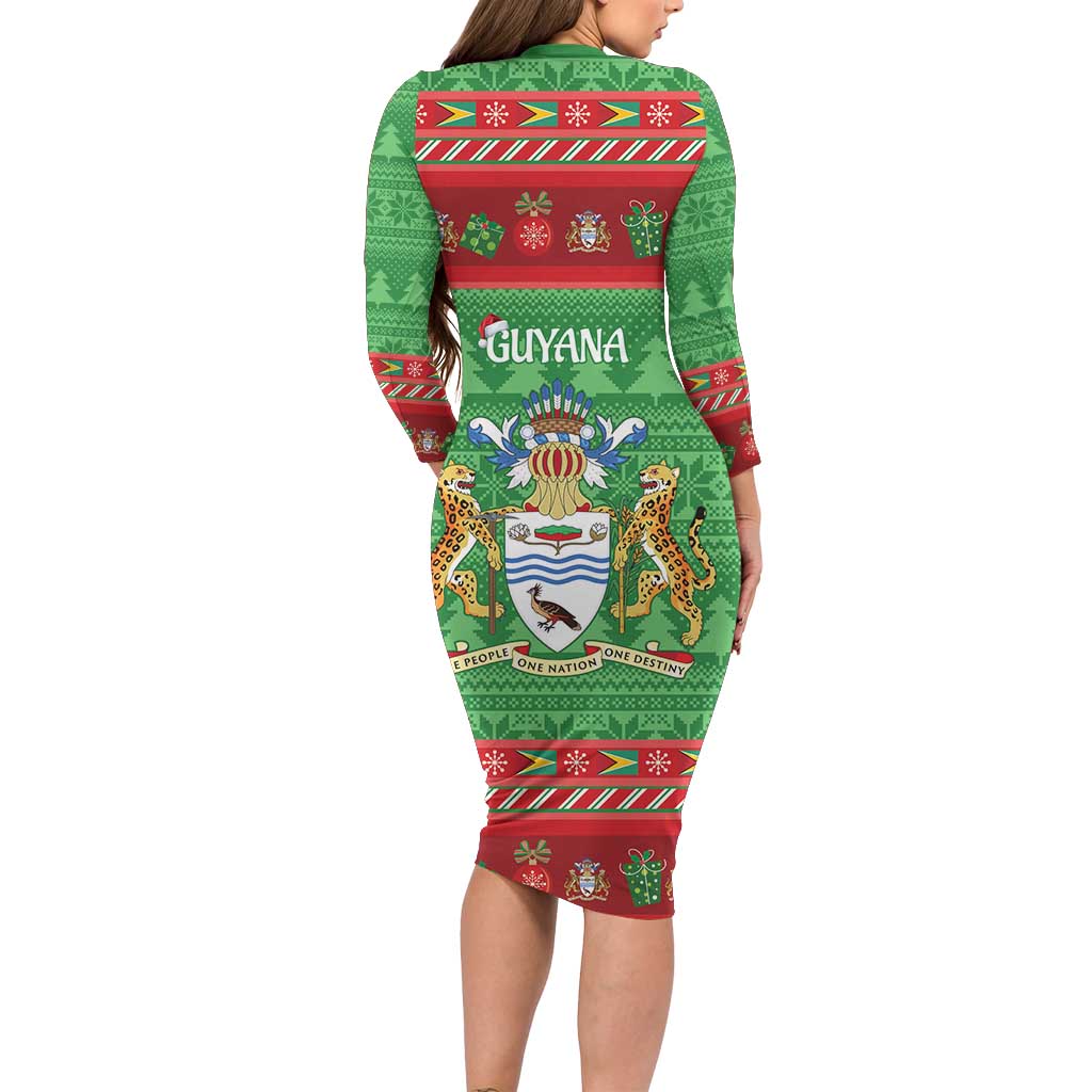 Guyana Christmas Long Sleeve Bodycon Dress Santa With Macaw Parrot Merry Xmas - Wonder Print Shop