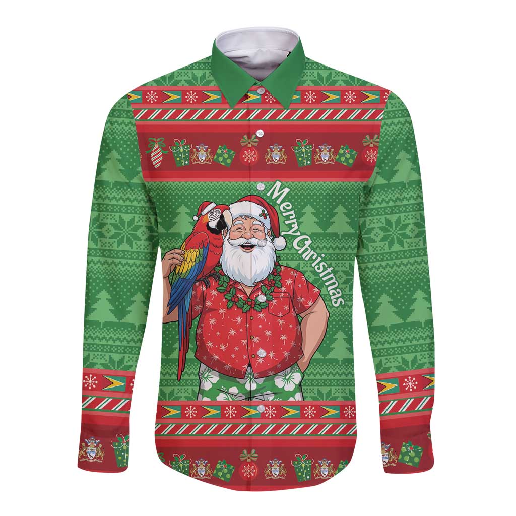 Guyana Christmas Long Sleeve Button Shirt Santa With Macaw Parrot Merry Xmas - Wonder Print Shop
