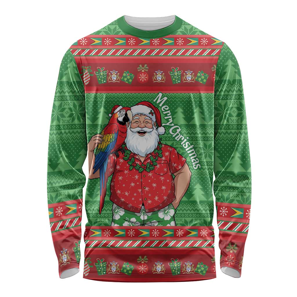 Guyana Christmas Long Sleeve Shirt Santa With Macaw Parrot Merry Xmas - Wonder Print Shop