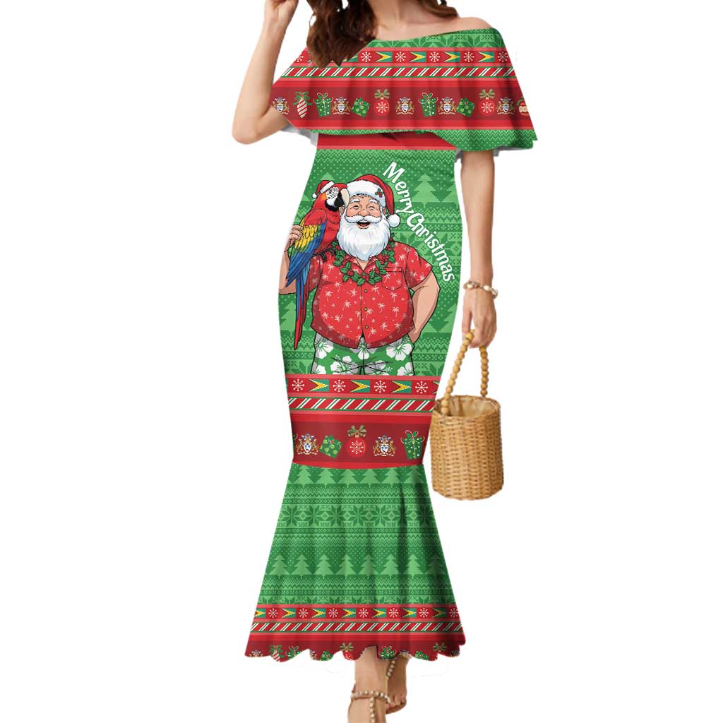 Guyana Christmas Mermaid Dress Santa With Macaw Parrot Merry Xmas - Wonder Print Shop