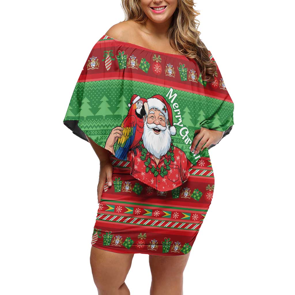 Guyana Christmas Off Shoulder Short Dress Santa With Macaw Parrot Merry Xmas - Wonder Print Shop