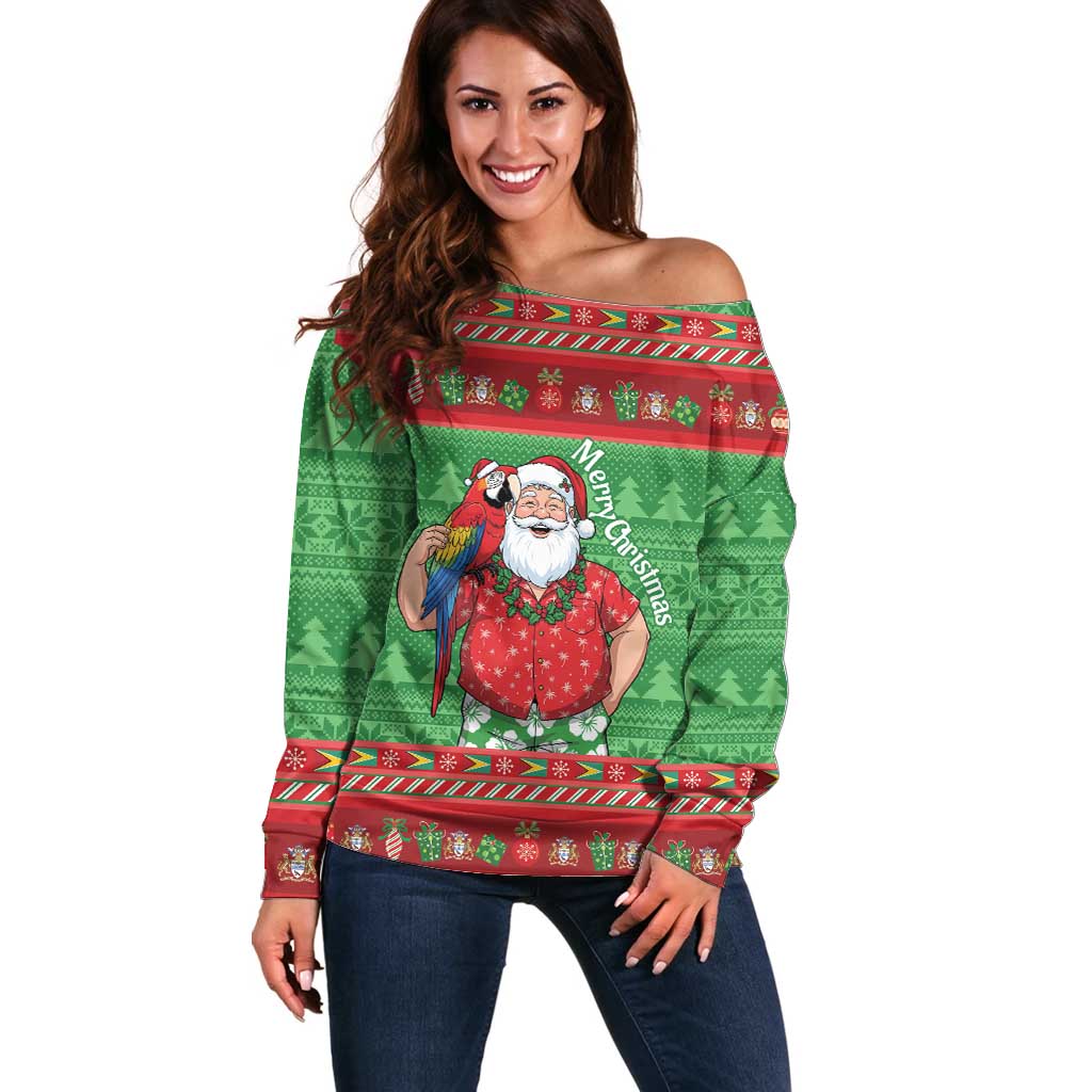Guyana Christmas Off Shoulder Sweater Santa With Macaw Parrot Merry Xmas - Wonder Print Shop