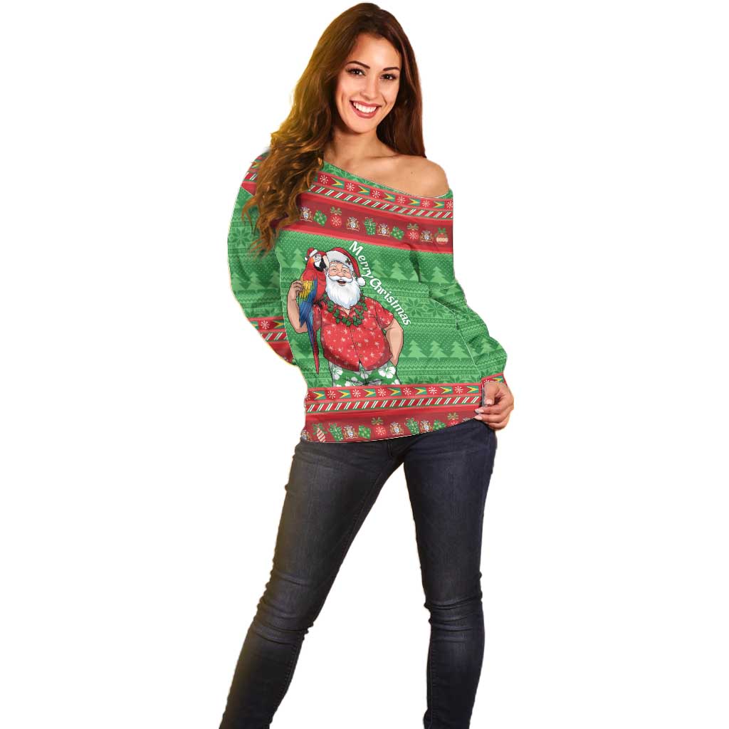 Guyana Christmas Off Shoulder Sweater Santa With Macaw Parrot Merry Xmas - Wonder Print Shop