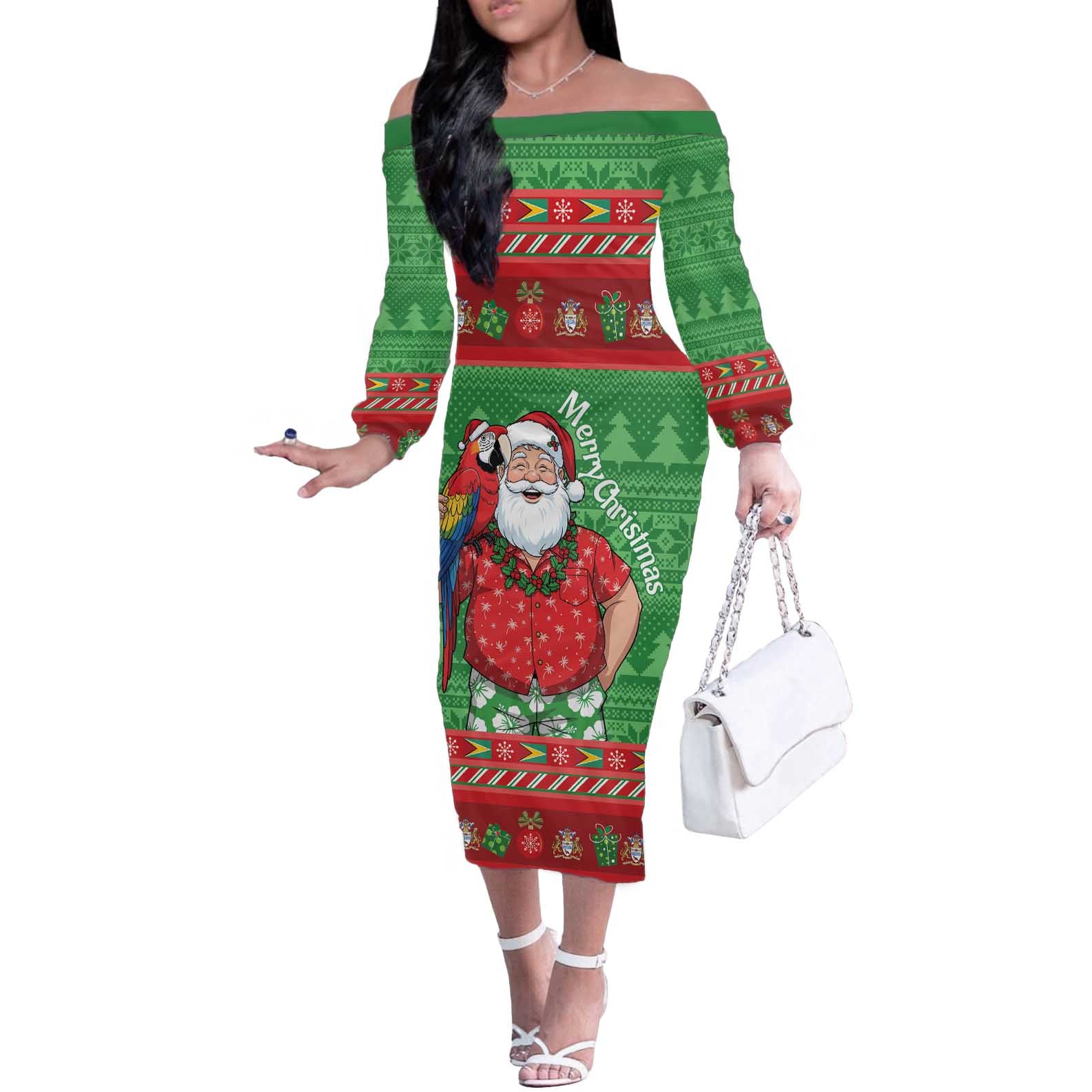Guyana Christmas Off The Shoulder Long Sleeve Dress Santa With Macaw Parrot Merry Xmas - Wonder Print Shop