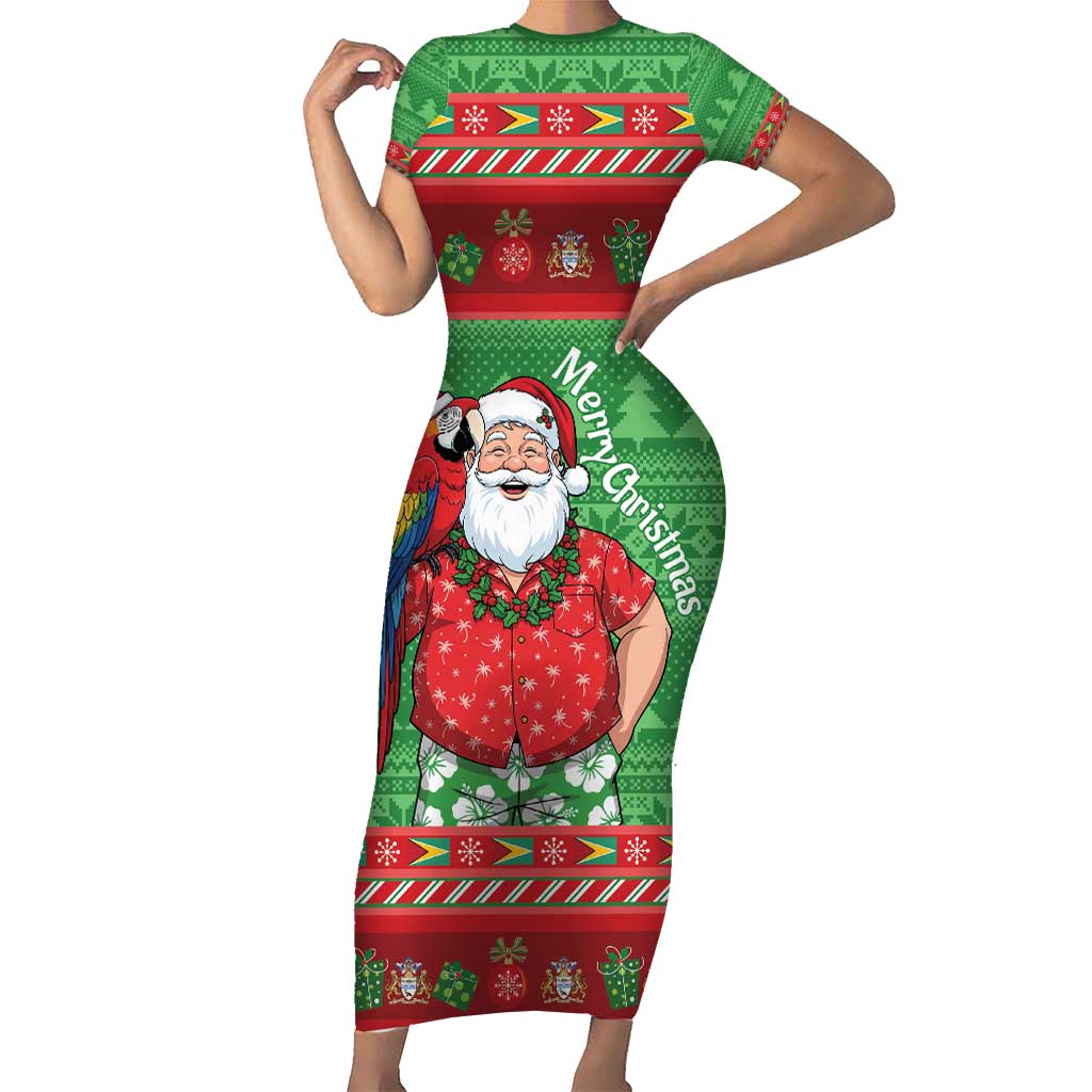Guyana Christmas Short Sleeve Bodycon Dress Santa With Macaw Parrot Merry Xmas - Wonder Print Shop