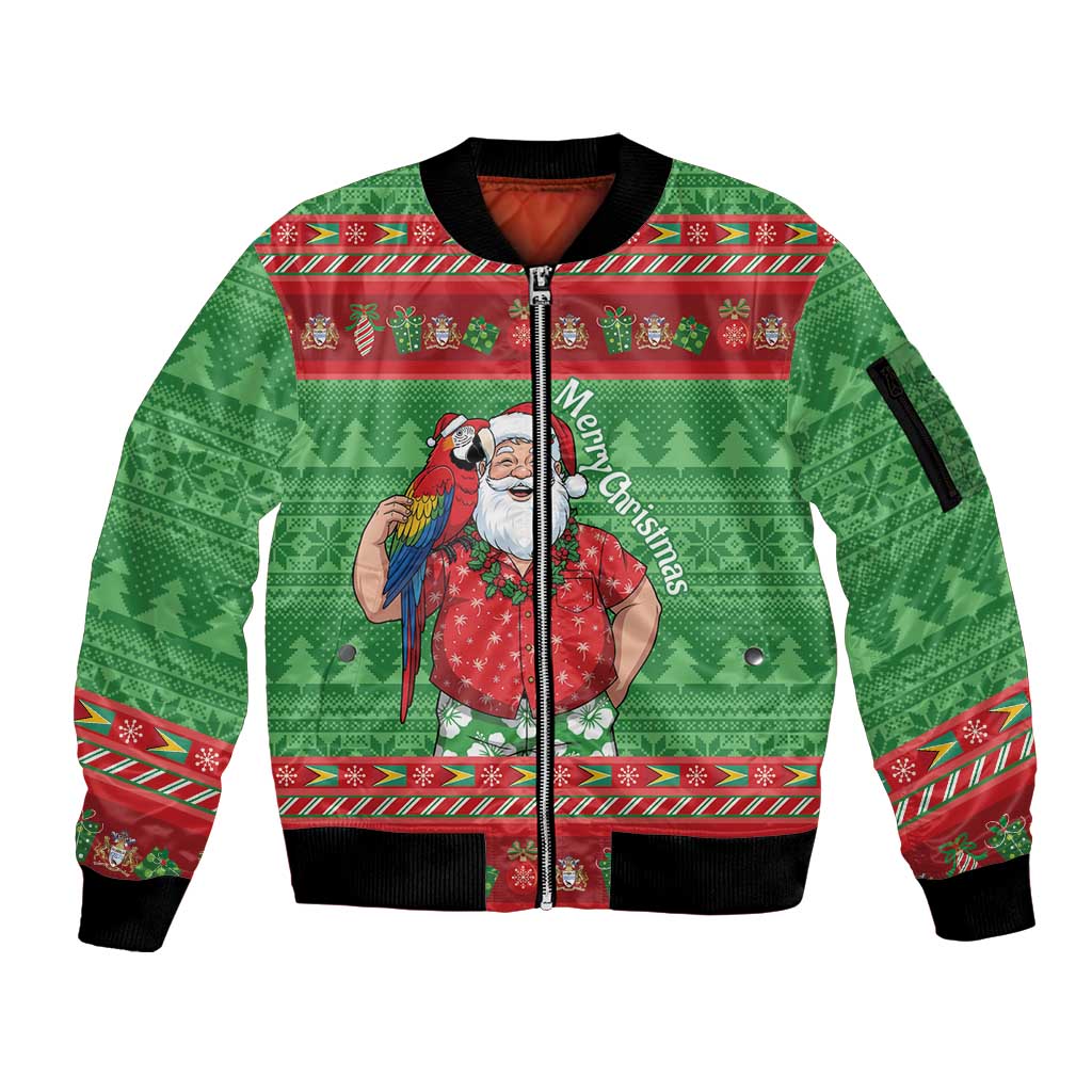 Guyana Christmas Sleeve Zip Bomber Jacket Santa With Macaw Parrot Merry Xmas - Wonder Print Shop