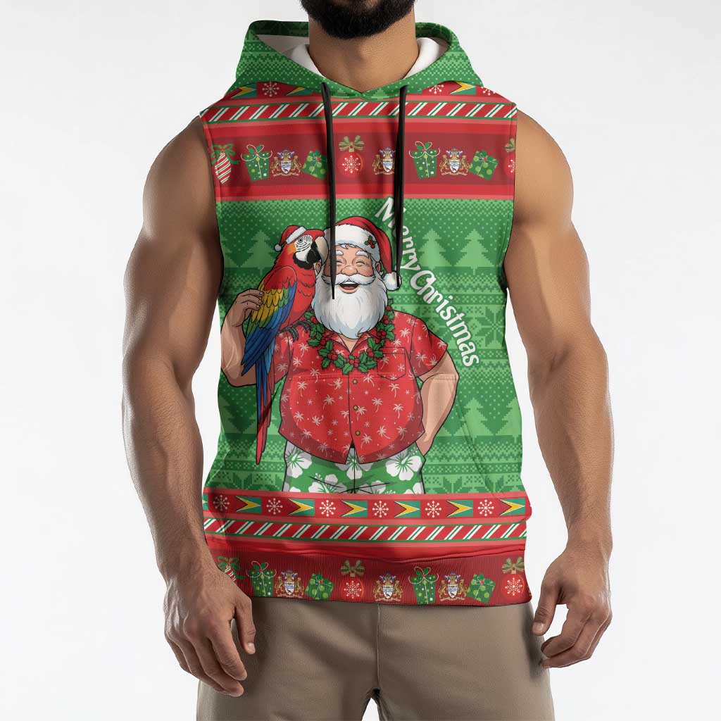 Guyana Christmas Sleeveless Hoodie Santa With Macaw Parrot Merry Xmas - Wonder Print Shop