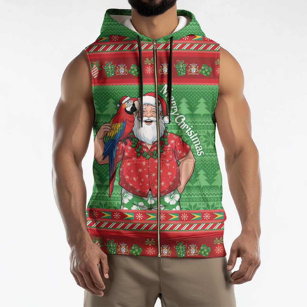 Guyana Christmas Sleeveless Zip Hoodie Santa With Macaw Parrot Merry Xmas - Wonder Print Shop