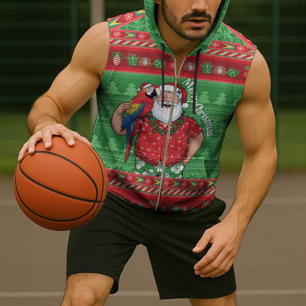 Guyana Christmas Sleeveless Zip Hoodie Santa With Macaw Parrot Merry Xmas - Wonder Print Shop