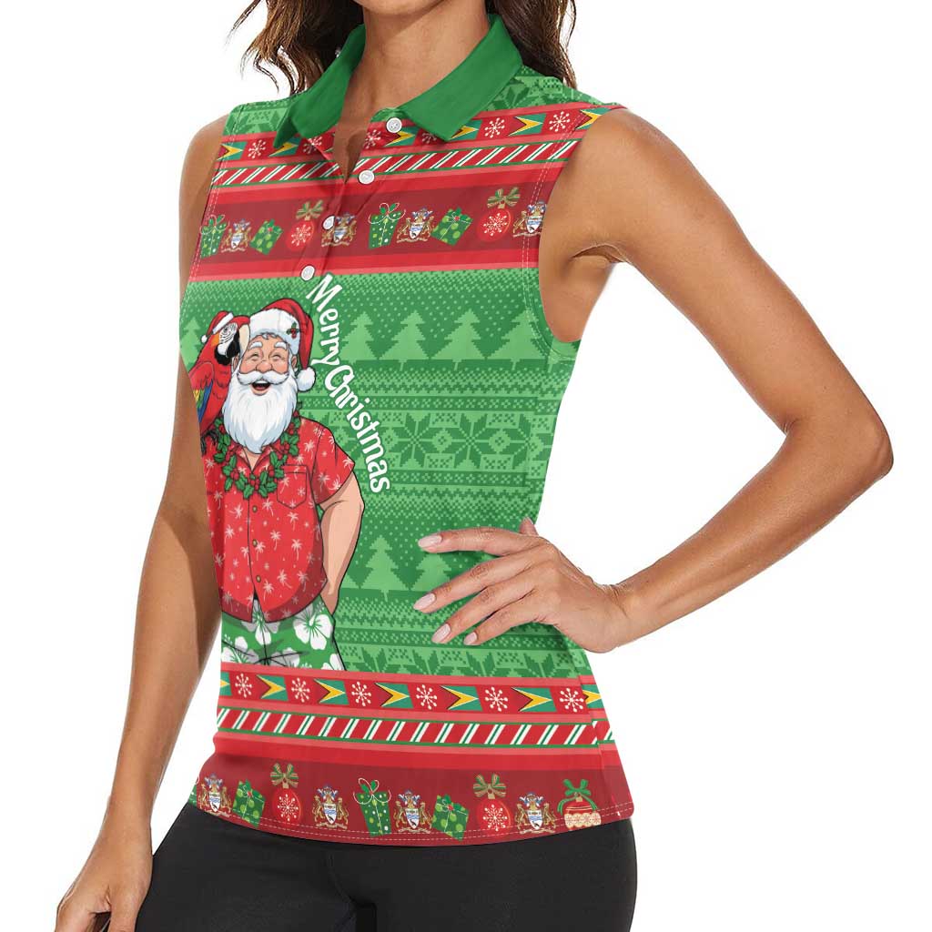 Guyana Christmas Women Sleeveless Polo Shirt Santa With Macaw Parrot Merry Xmas - Wonder Print Shop