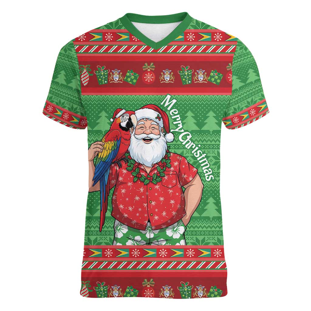 Guyana Christmas Women V-Neck T-Shirt Santa With Macaw Parrot Merry Xmas - Wonder Print Shop