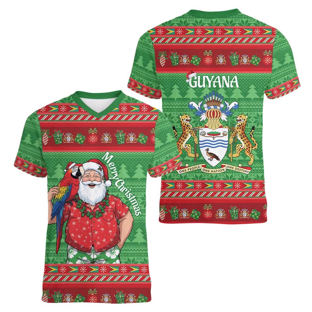 Guyana Christmas Women V-Neck T-Shirt Santa With Macaw Parrot Merry Xmas - Wonder Print Shop