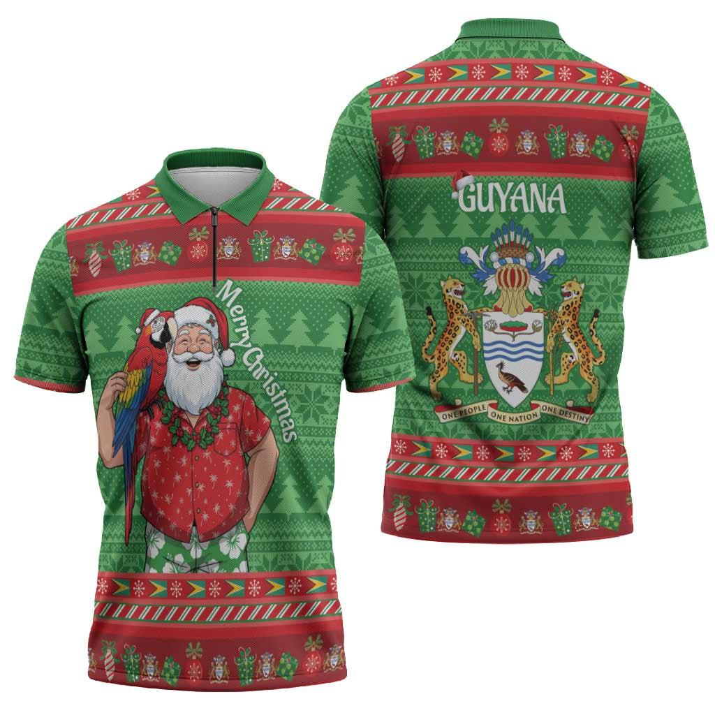 Guyana Christmas Zipper Polo Shirt Santa With Macaw Parrot Merry Xmas - Wonder Print Shop