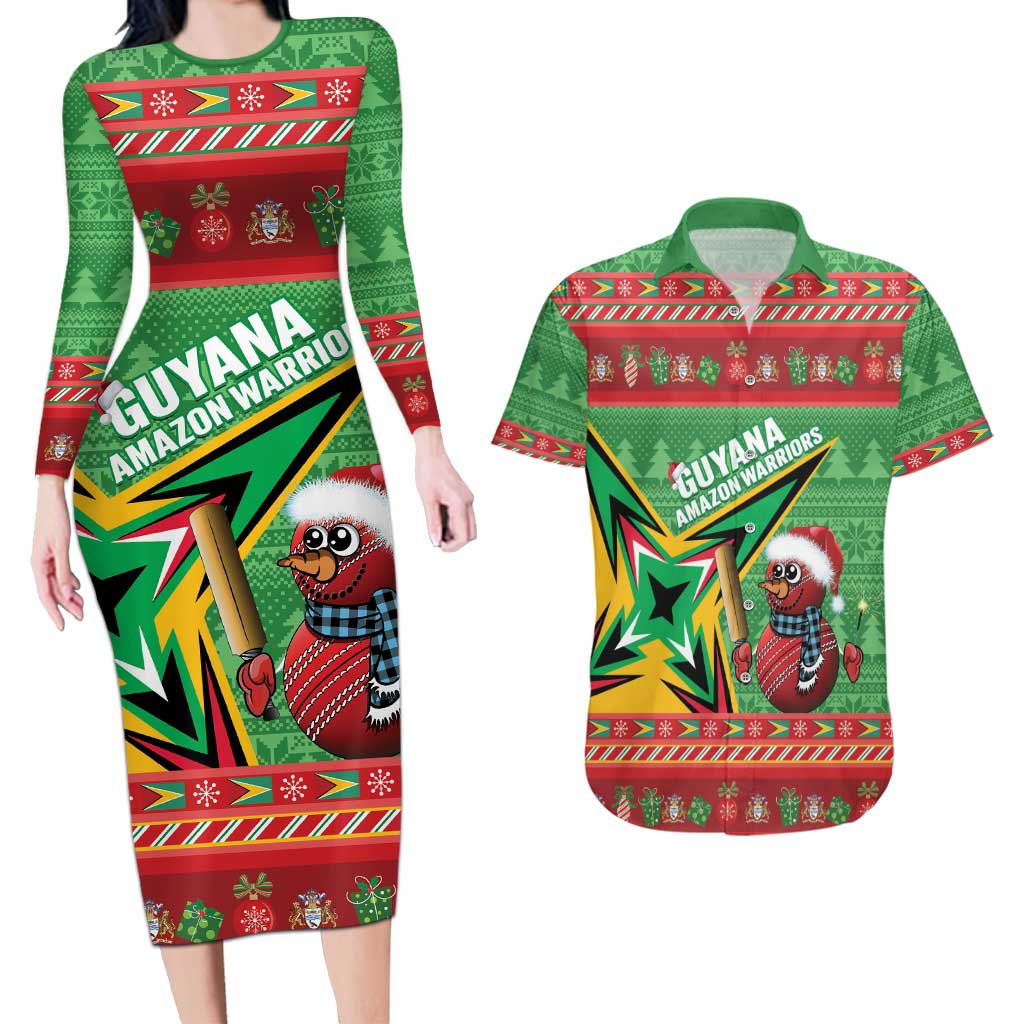 Personalized Guyana Cricket Christmas Couples Matching Long Sleeve Bodycon Dress and Hawaiian Shirt Amazon Warriors Merry Xmas - Wonder Print Shop