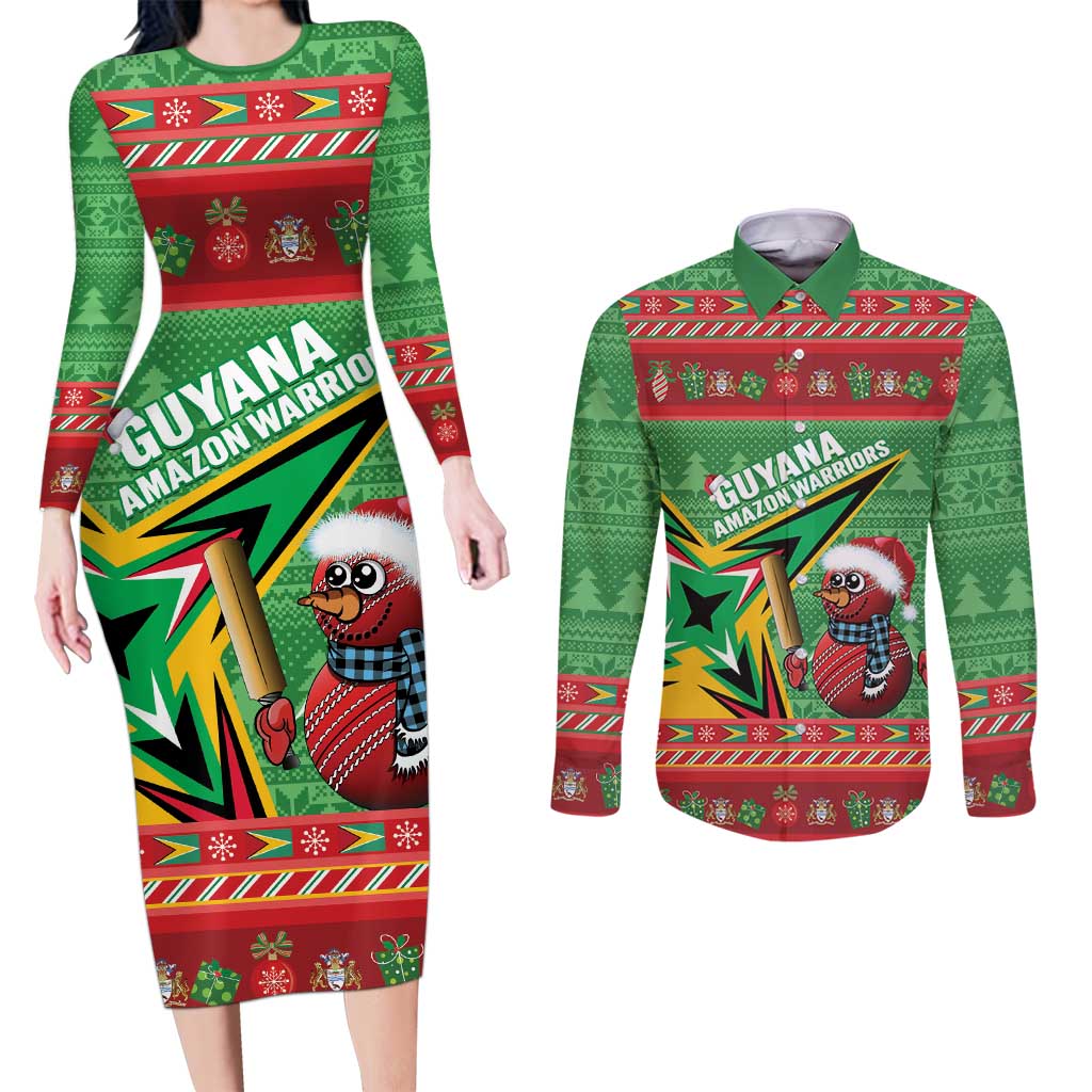 Personalized Guyana Cricket Christmas Couples Matching Long Sleeve Bodycon Dress and Long Sleeve Button Shirt Amazon Warriors Merry Xmas - Wonder Print Shop