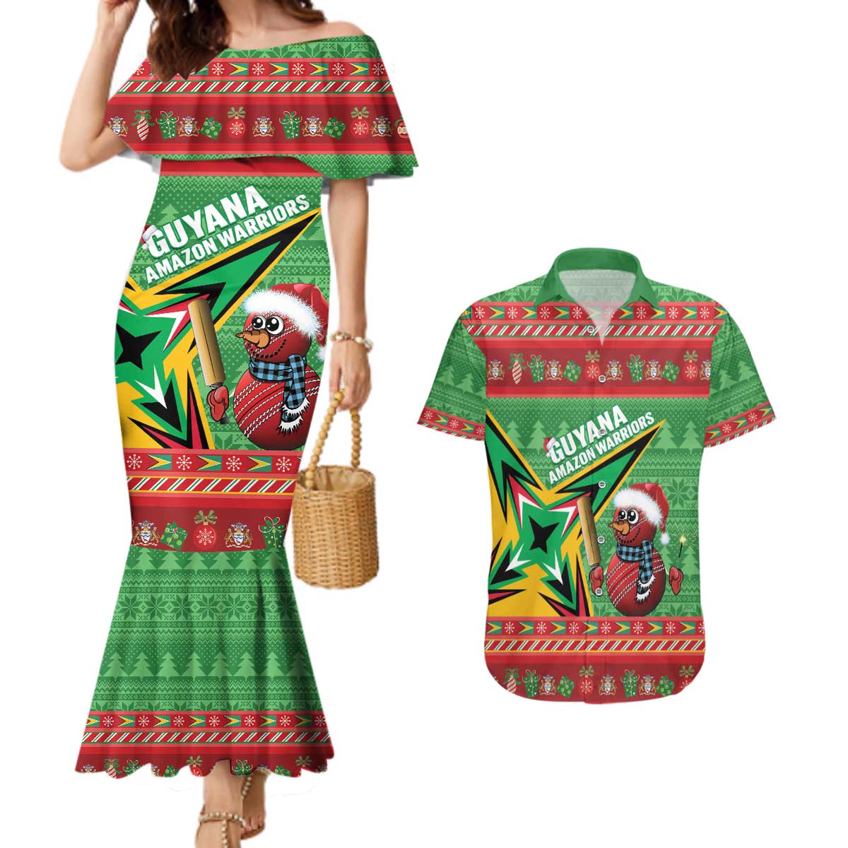 Personalized Guyana Cricket Christmas Couples Matching Mermaid Dress and Hawaiian Shirt Amazon Warriors Merry Xmas - Wonder Print Shop