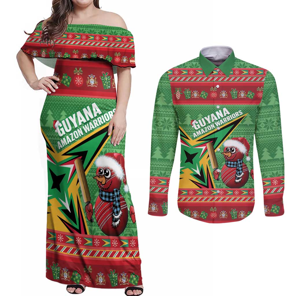 Personalized Guyana Cricket Christmas Couples Matching Off Shoulder Maxi Dress and Long Sleeve Button Shirt Amazon Warriors Merry Xmas - Wonder Print Shop