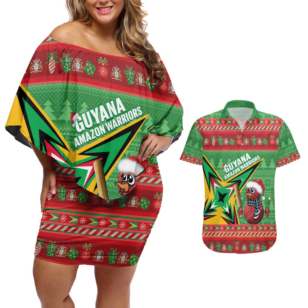 Personalized Guyana Cricket Christmas Couples Matching Off Shoulder Short Dress and Hawaiian Shirt Amazon Warriors Merry Xmas - Wonder Print Shop