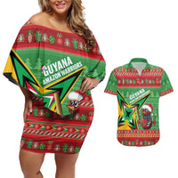Personalized Guyana Cricket Christmas Couples Matching Off Shoulder Short Dress and Hawaiian Shirt Amazon Warriors Merry Xmas - Wonder Print Shop