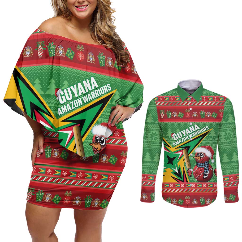 Personalized Guyana Cricket Christmas Couples Matching Off Shoulder Short Dress and Long Sleeve Button Shirt Amazon Warriors Merry Xmas - Wonder Print Shop