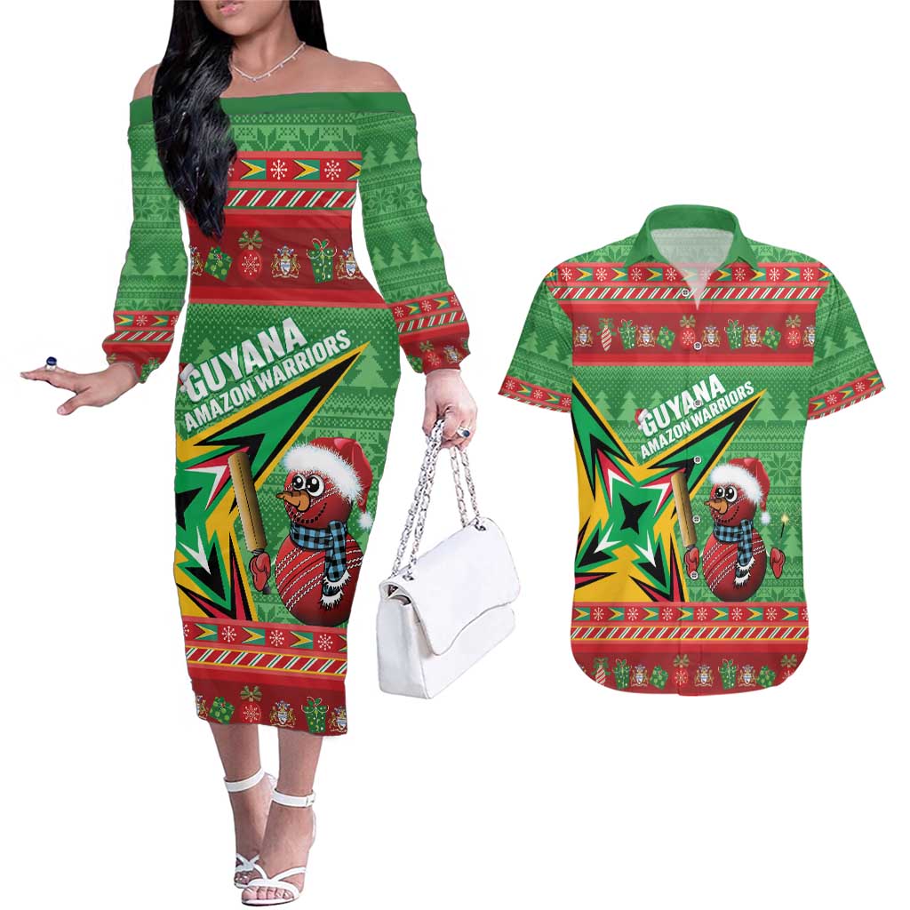 Personalized Guyana Cricket Christmas Couples Matching Off The Shoulder Long Sleeve Dress and Hawaiian Shirt Amazon Warriors Merry Xmas - Wonder Print Shop