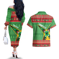 Personalized Guyana Cricket Christmas Couples Matching Off The Shoulder Long Sleeve Dress and Hawaiian Shirt Amazon Warriors Merry Xmas - Wonder Print Shop