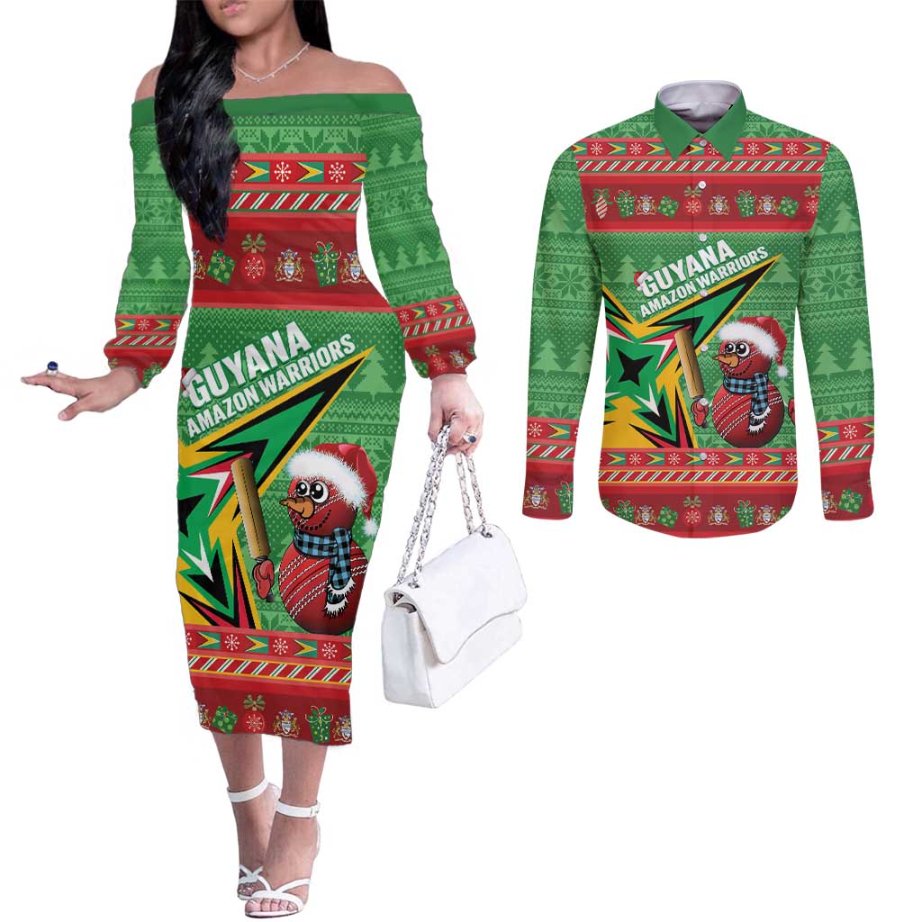 Personalized Guyana Cricket Christmas Couples Matching Off The Shoulder Long Sleeve Dress and Long Sleeve Button Shirt Amazon Warriors Merry Xmas - Wonder Print Shop
