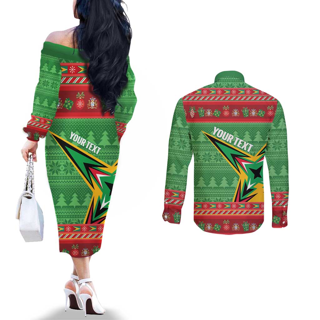 Personalized Guyana Cricket Christmas Couples Matching Off The Shoulder Long Sleeve Dress and Long Sleeve Button Shirt Amazon Warriors Merry Xmas - Wonder Print Shop