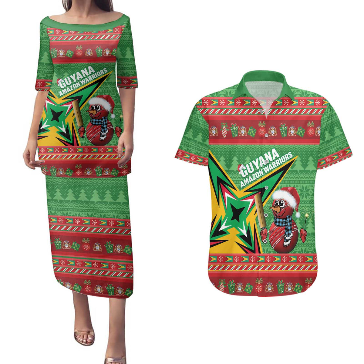 Personalized Guyana Cricket Christmas Couples Matching Puletasi and Hawaiian Shirt Amazon Warriors Merry Xmas - Wonder Print Shop