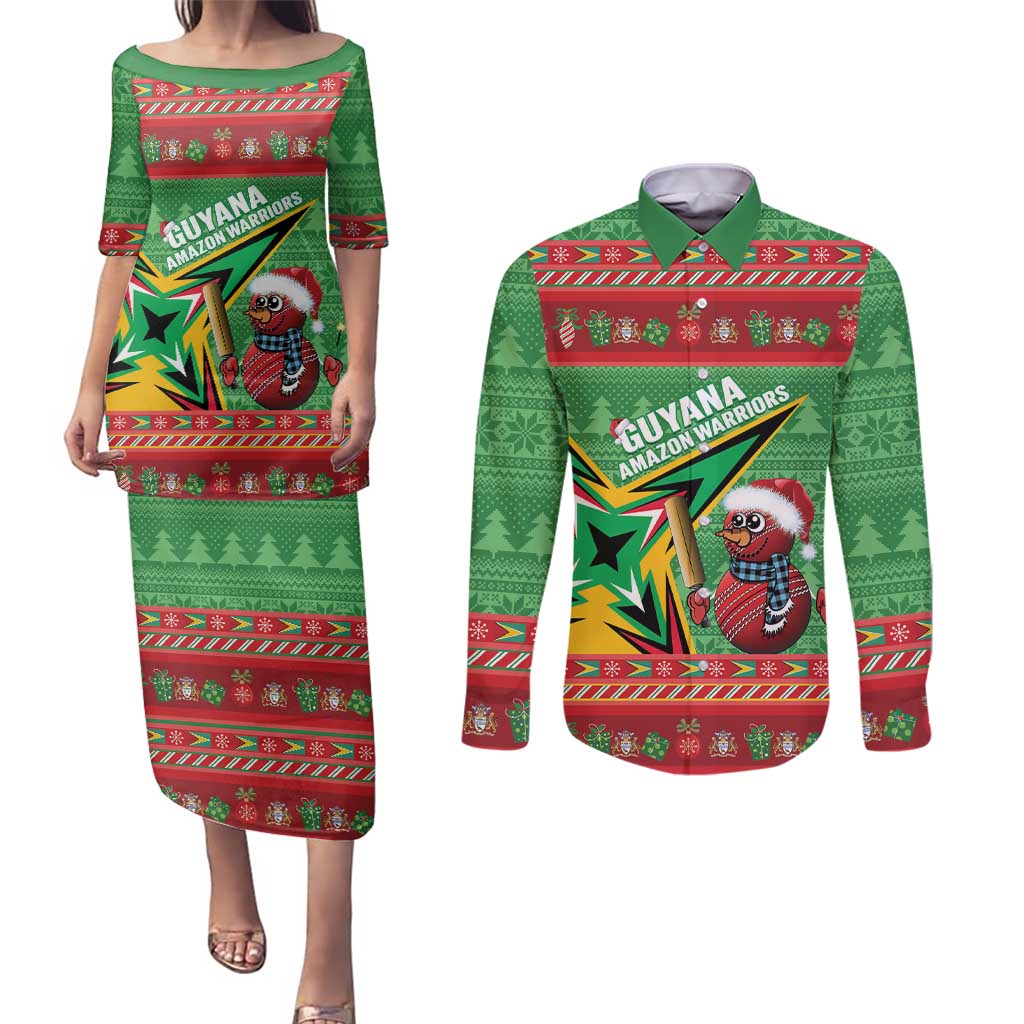 Personalized Guyana Cricket Christmas Couples Matching Puletasi and Long Sleeve Button Shirt Amazon Warriors Merry Xmas - Wonder Print Shop