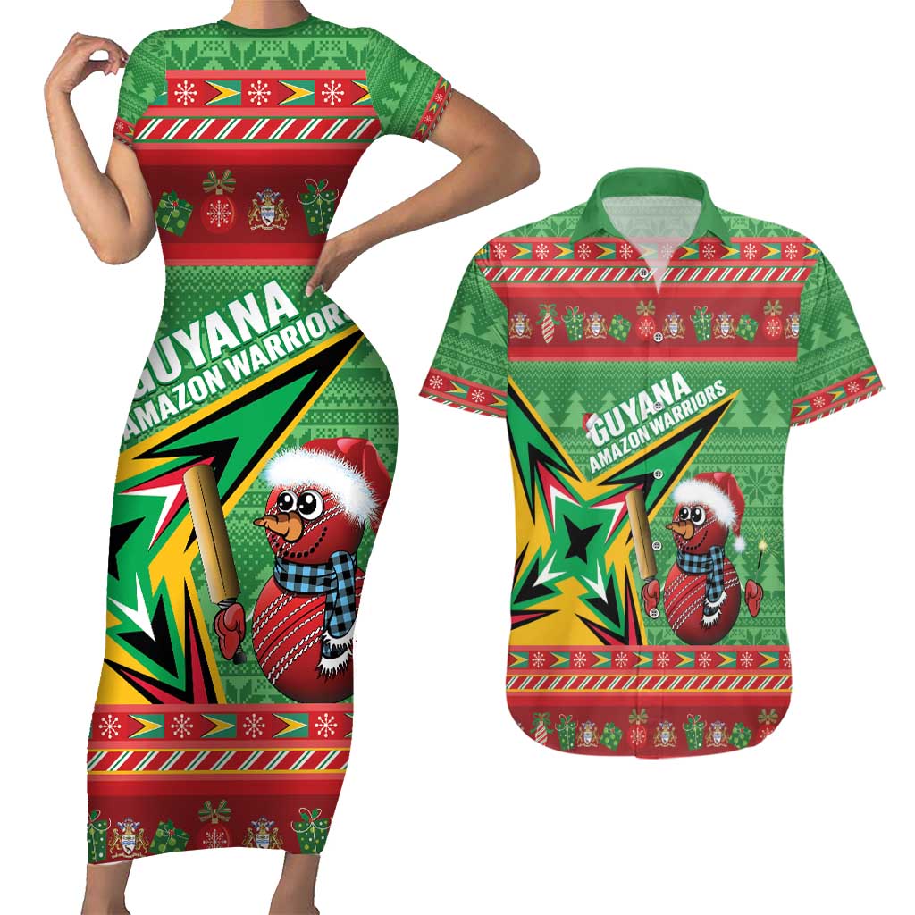Personalized Guyana Cricket Christmas Couples Matching Short Sleeve Bodycon Dress and Hawaiian Shirt Amazon Warriors Merry Xmas - Wonder Print Shop