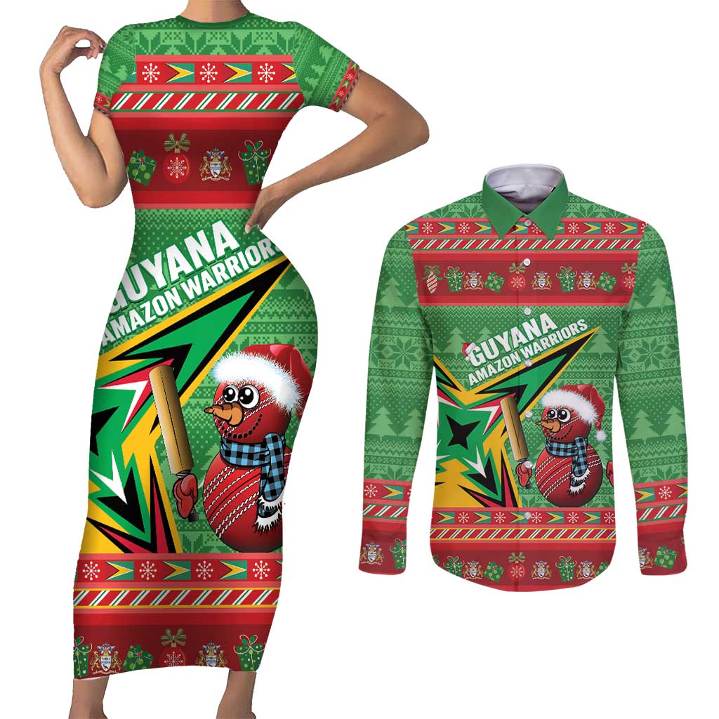 Personalized Guyana Cricket Christmas Couples Matching Short Sleeve Bodycon Dress and Long Sleeve Button Shirt Amazon Warriors Merry Xmas - Wonder Print Shop
