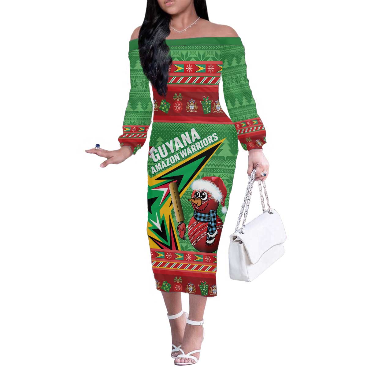 Personalized Guyana Cricket Christmas Family Matching Off The Shoulder Long Sleeve Dress and Hawaiian Shirt Amazon Warriors Merry Xmas - Wonder Print Shop