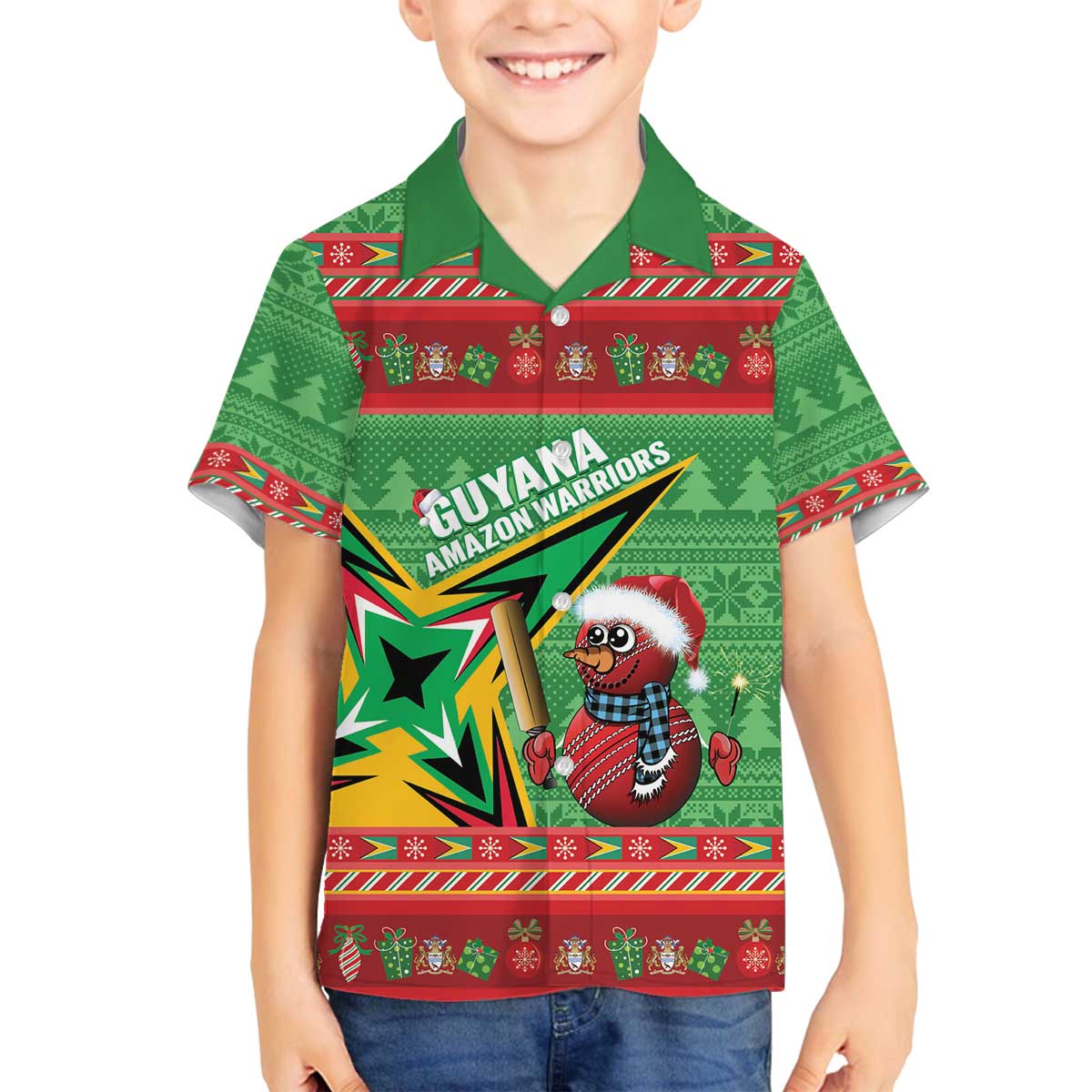 Personalized Guyana Cricket Christmas Family Matching Off The Shoulder Long Sleeve Dress and Hawaiian Shirt Amazon Warriors Merry Xmas - Wonder Print Shop