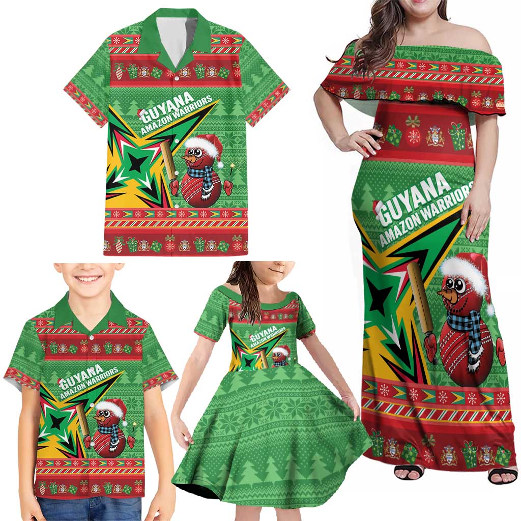 Personalized Guyana Cricket Christmas Family Matching Off Shoulder Maxi Dress and Hawaiian Shirt Amazon Warriors Merry Xmas - Wonder Print Shop