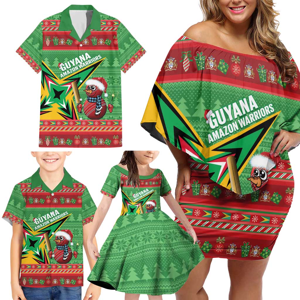 Personalized Guyana Cricket Christmas Family Matching Off Shoulder Short Dress and Hawaiian Shirt Amazon Warriors Merry Xmas - Wonder Print Shop