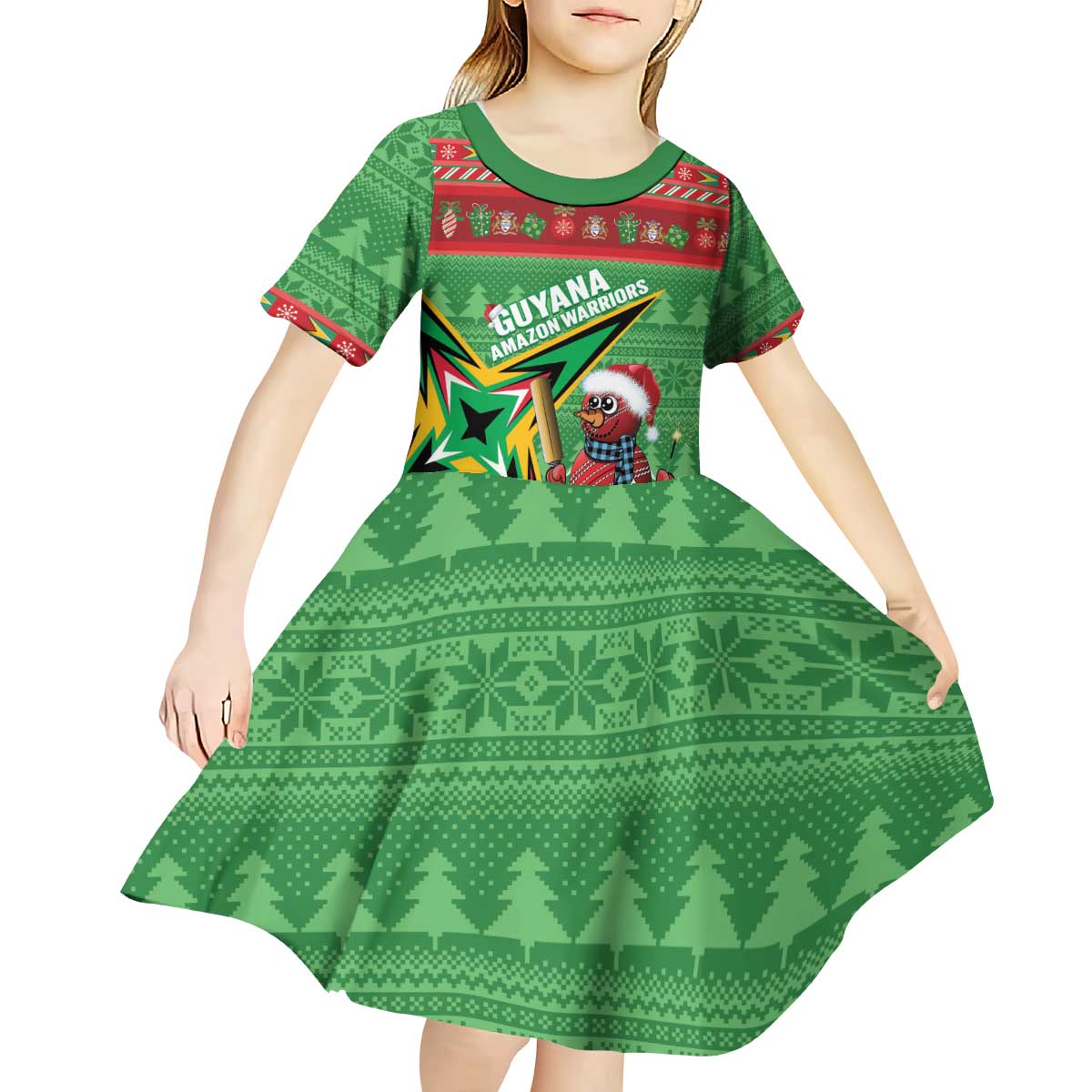 Personalized Guyana Cricket Christmas Kid Short Sleeve Dress Amazon Warriors Merry Xmas - Wonder Print Shop