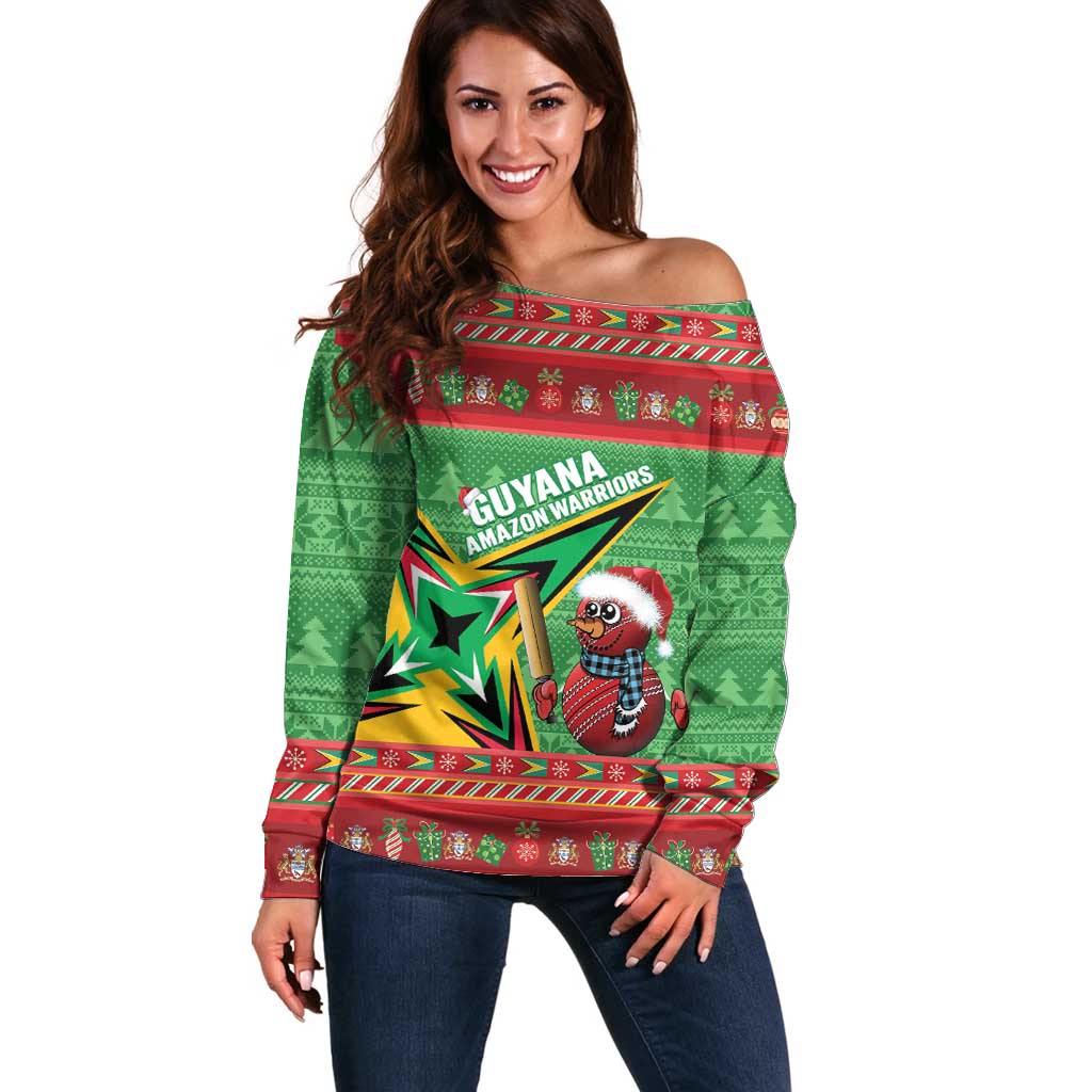 Personalized Guyana Cricket Christmas Off Shoulder Sweater Amazon Warriors Merry Xmas - Wonder Print Shop