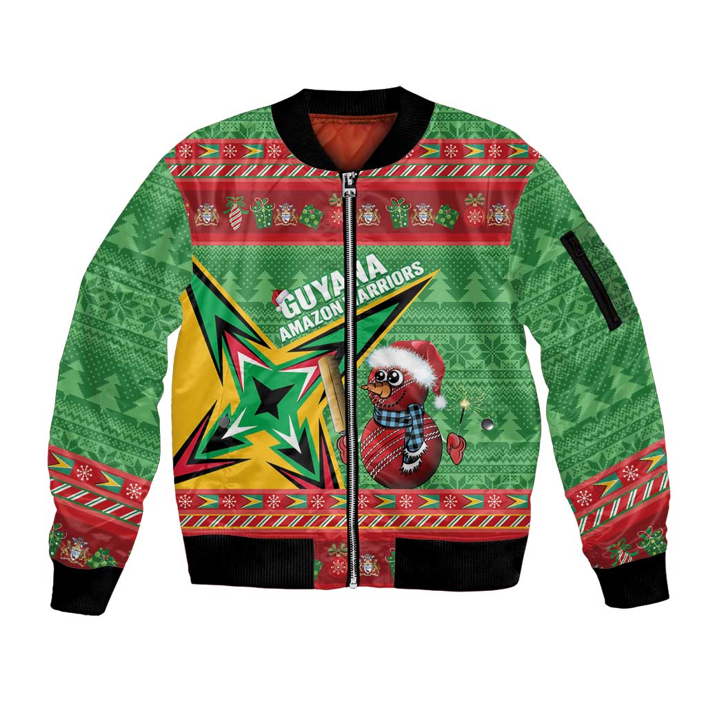 Personalized Guyana Cricket Christmas Sleeve Zip Bomber Jacket Amazon Warriors Merry Xmas - Wonder Print Shop
