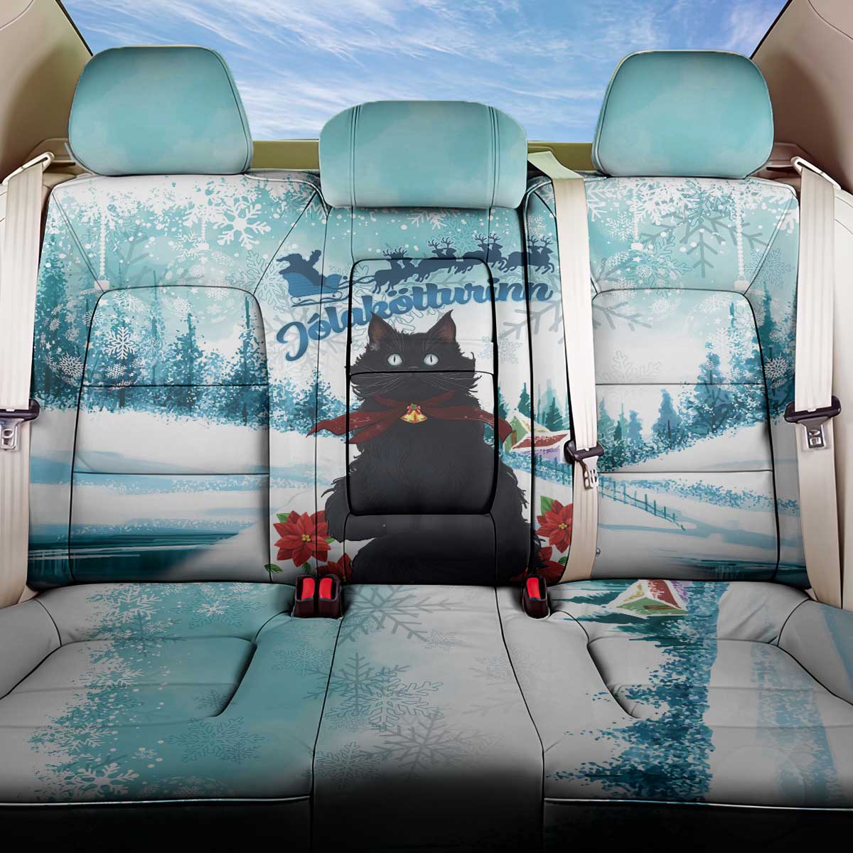Iceland Yule Cat Christmas Back Car Seat Cover Jolakotturinn With Poinsettia - Winter Vibes - Wonder Print Shop