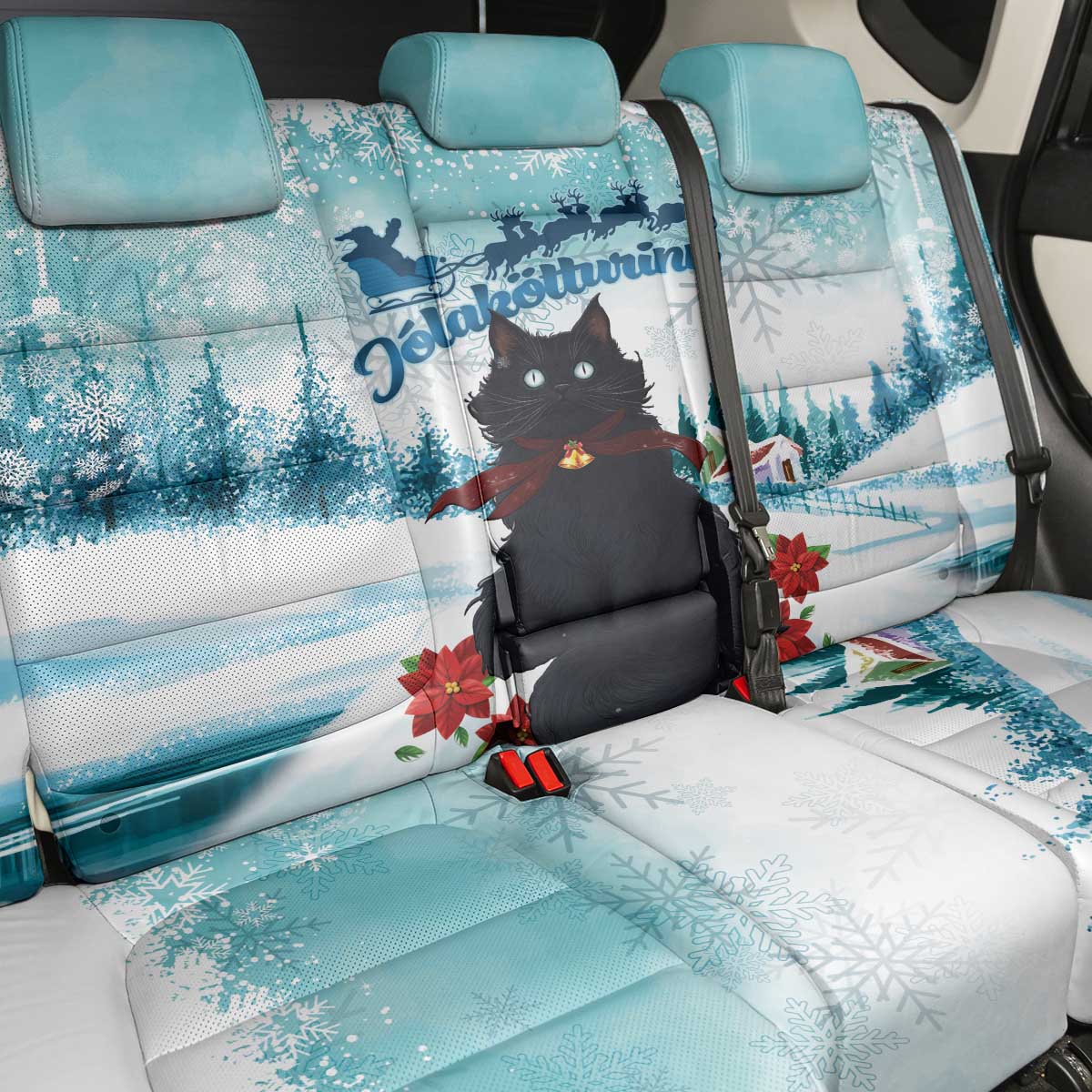 Iceland Yule Cat Christmas Back Car Seat Cover Jolakotturinn With Poinsettia - Winter Vibes - Wonder Print Shop